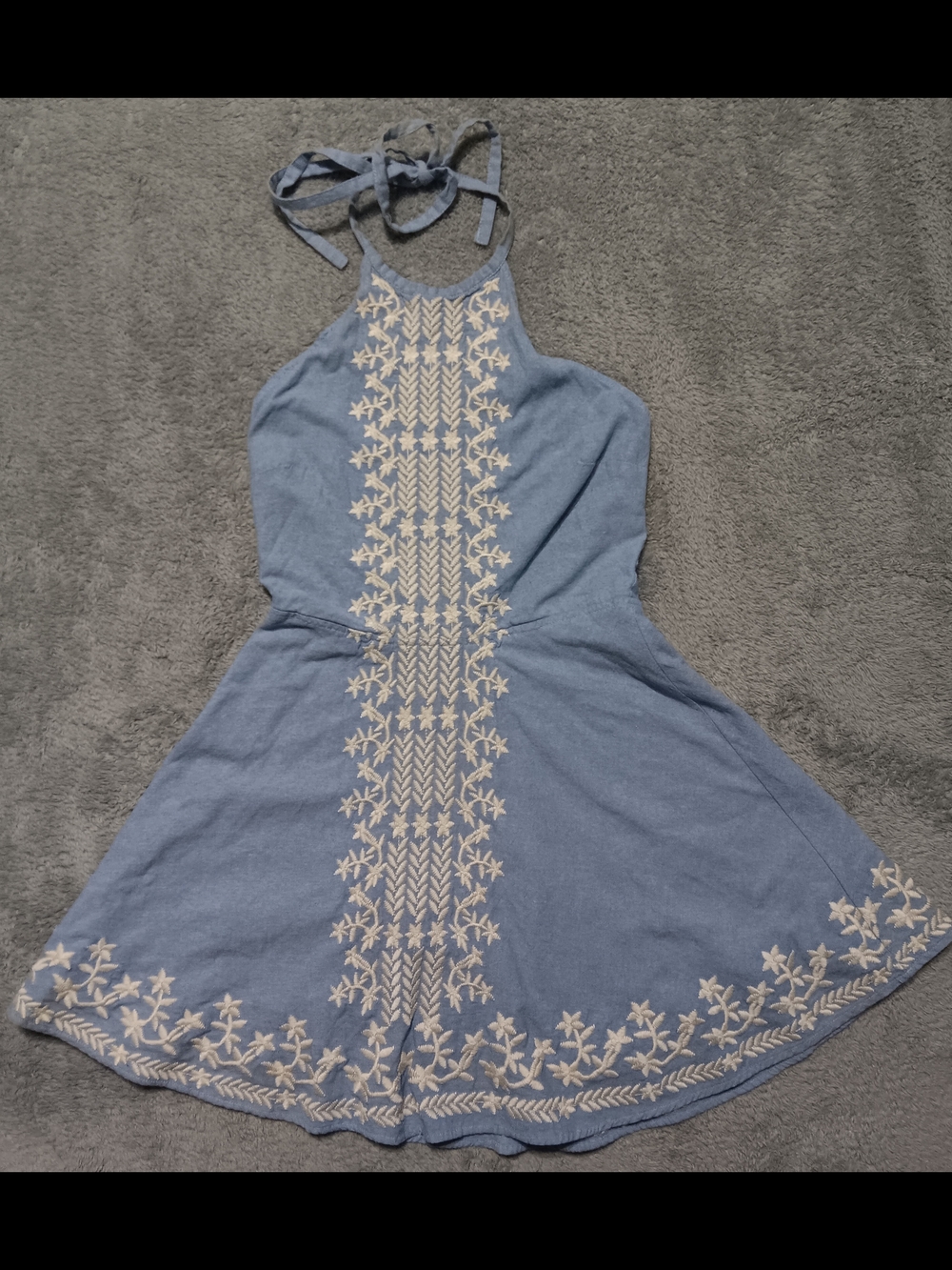 Chelsea & Violet Light Blue Halter Mini Dress with Cream Embroidery